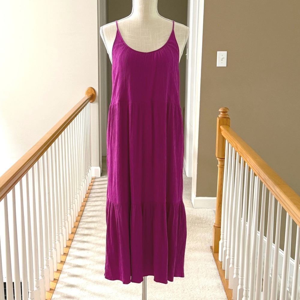 Loft Petites Magenta Purple Tiered Midi Dress Rayon Linen Blend Size SP